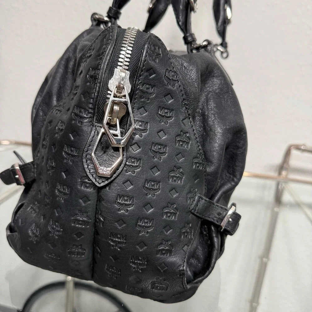 MCM Black Leather Satchel with Silver Accents - Picture 14 of 15